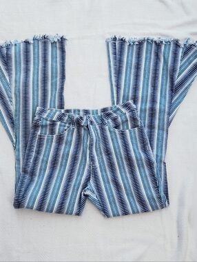 Striped Blue Wide-Leg Fringe Hem Pants